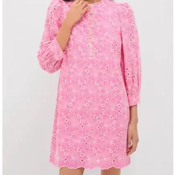 Tuckernuck Pomander Place Pink Floral Eyelet Samantha Dress Large gold button - Picture 1 of 4